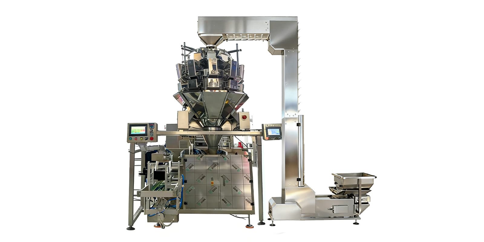 Stainless steel packaging machine with a multihead weigher and product elevator