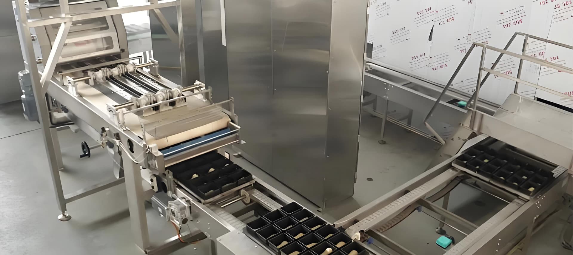 Food processing line handling product trays in a manufacturing facility
